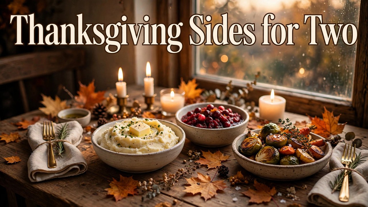 Small-batch Thanksgiving sides for two on a cozy table — mashed potatoes, stuffing, and roasted vegetables in small dishes