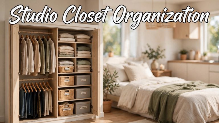 Narrow studio apartment reach-in closet organized with double hanging rods, matching hangers, shelf bins, and shoe racks at floor level