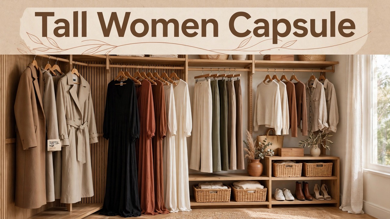 Thirteen-piece tall women capsule wardrobe laid out with emphasis on long lines