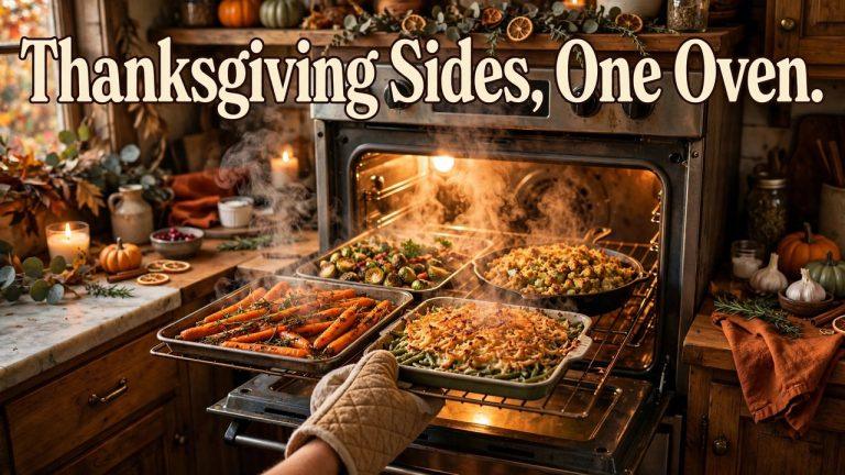 Thanksgiving dinner table with roasted turkey and small-batch side dishes around one small oven timing plan
