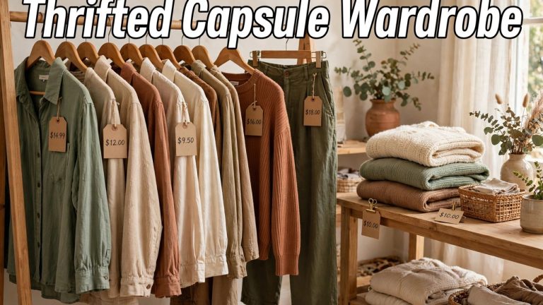 Thrifted capsule wardrobe on a clothing rack: secondhand coat, blazer, jeans, and sweaters in neutral tones