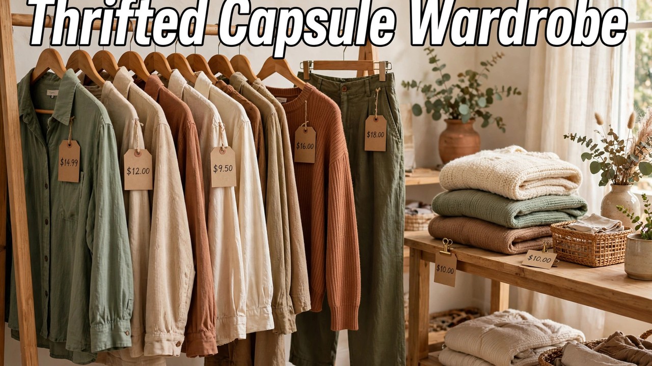 Thrifted capsule wardrobe on a clothing rack: secondhand coat, blazer, jeans, and sweaters in neutral tones