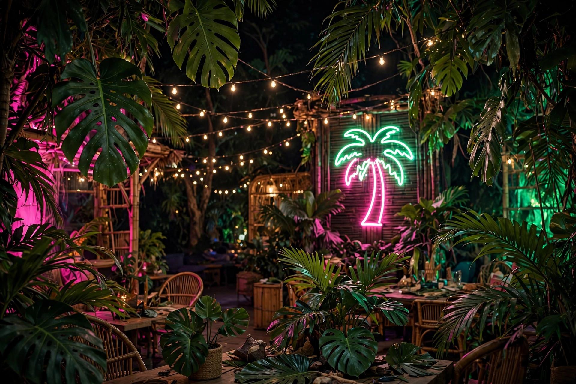 Tropical party decor with neon palm sign, monstera leaves and colorful lights at night