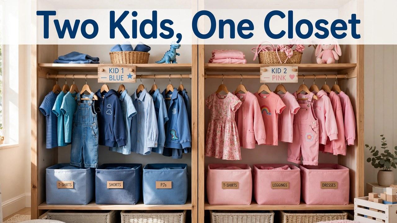 Small closet with double hanging rods split between two kids' color-coded clothes