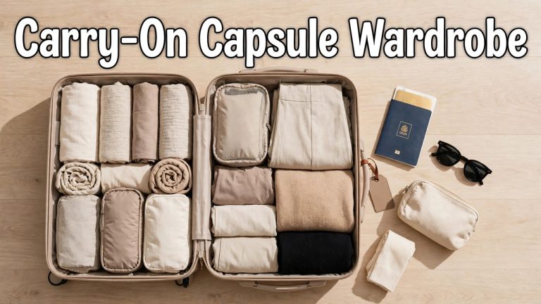 Open carry-on suitcase packed with a 12-piece capsule wardrobe in black, white, and olive