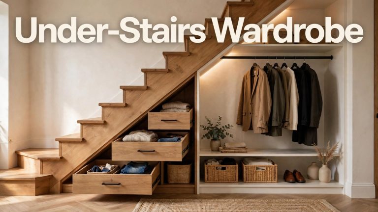 Under-stairs closet converted to wardrobe with angled hanging rail following the stair slope
