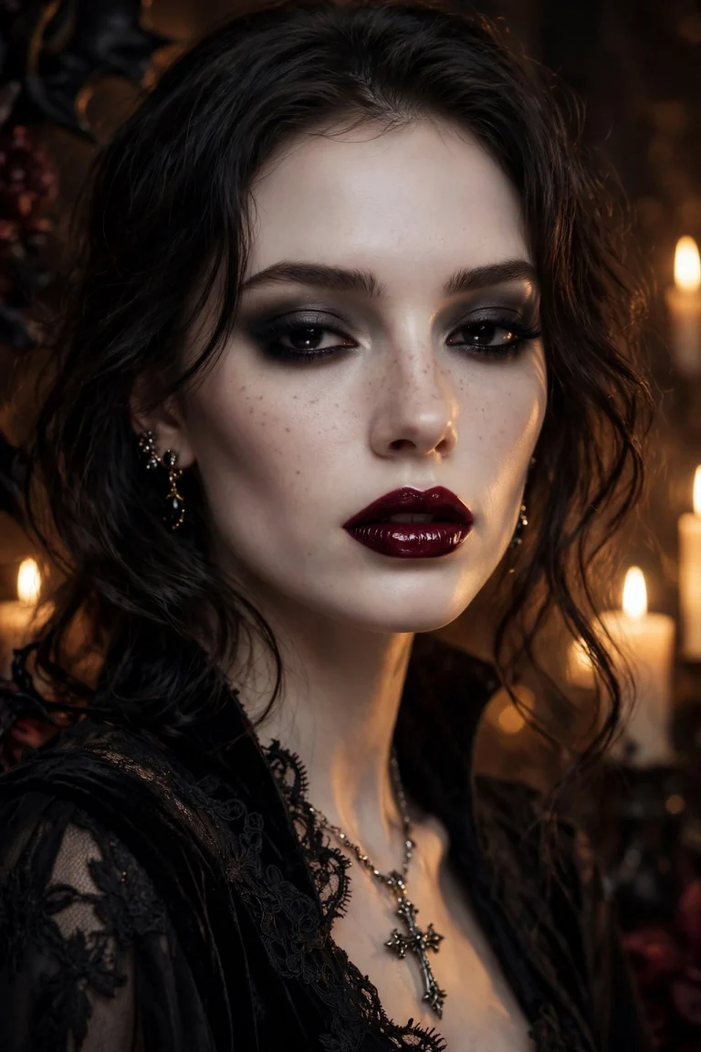 Vamp romantic Halloween makeup look with smoky eyes and oxblood lips
