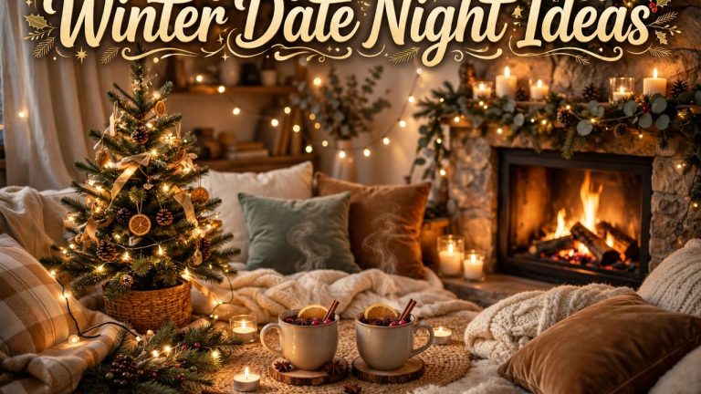 Couple enjoying a cozy winter date night at home with candles and blankets