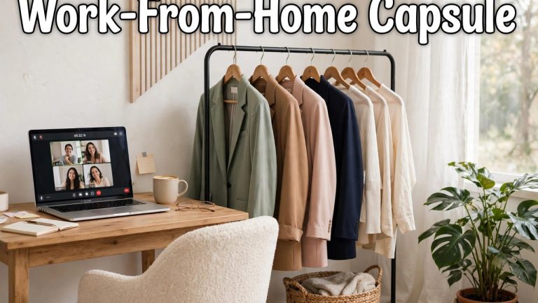 Woman in navy knit blazer and white tee on a video call, home office setup with window light