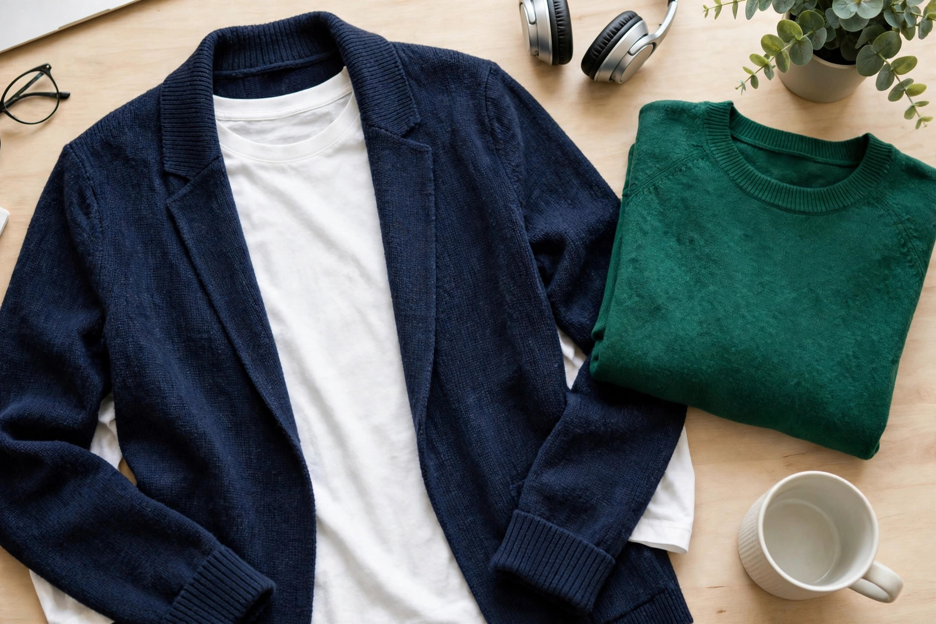 Entry 1: navy knit blazer over white tee with emerald green crewneck sweater, flat lay for video-call capsule wardrobe