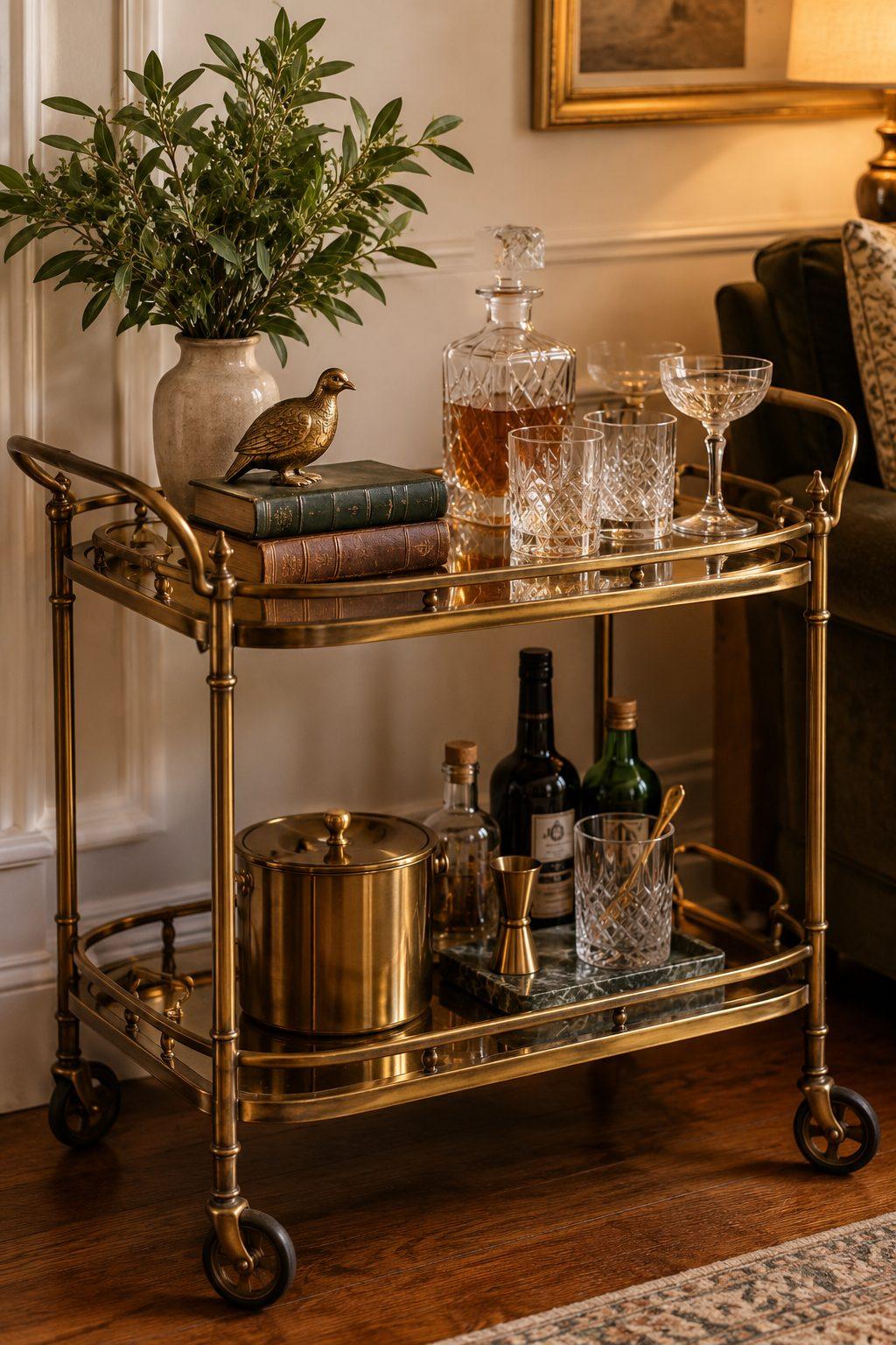 Vintage bar cart styled with old hardcover books and a small brass ornament