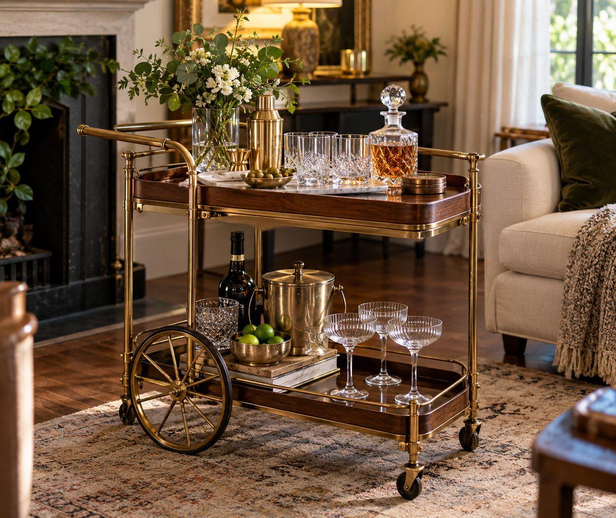 Elegant vintage brass bar cart with a walnut tray and clear glassware