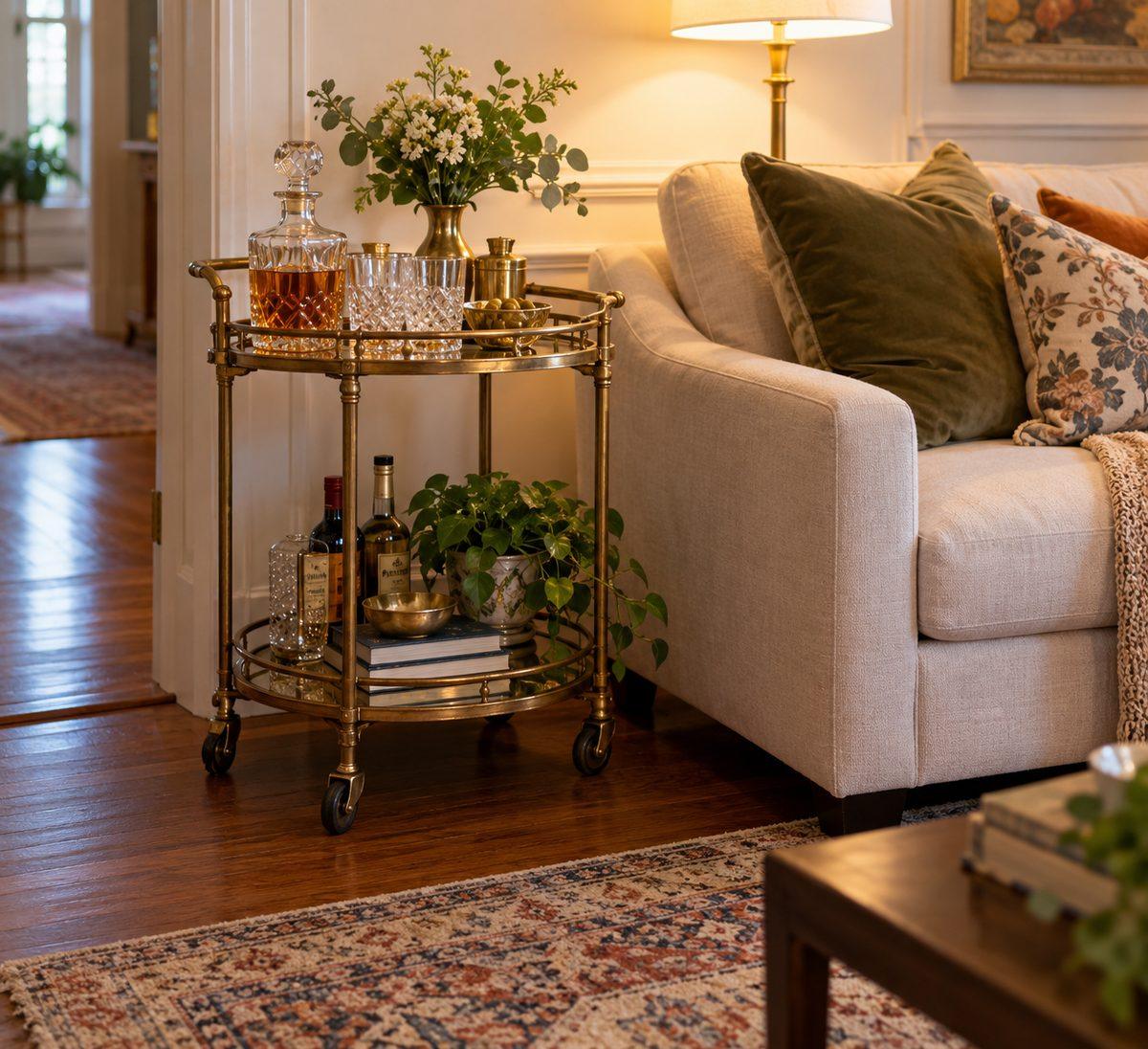 Compact antique bar cart tucked beside a living-room sofa with clear walking space