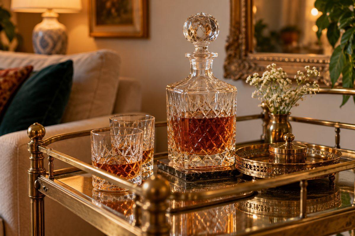 Crystal decanter as the centerpiece on an antique brass bar cart with vintage glasses