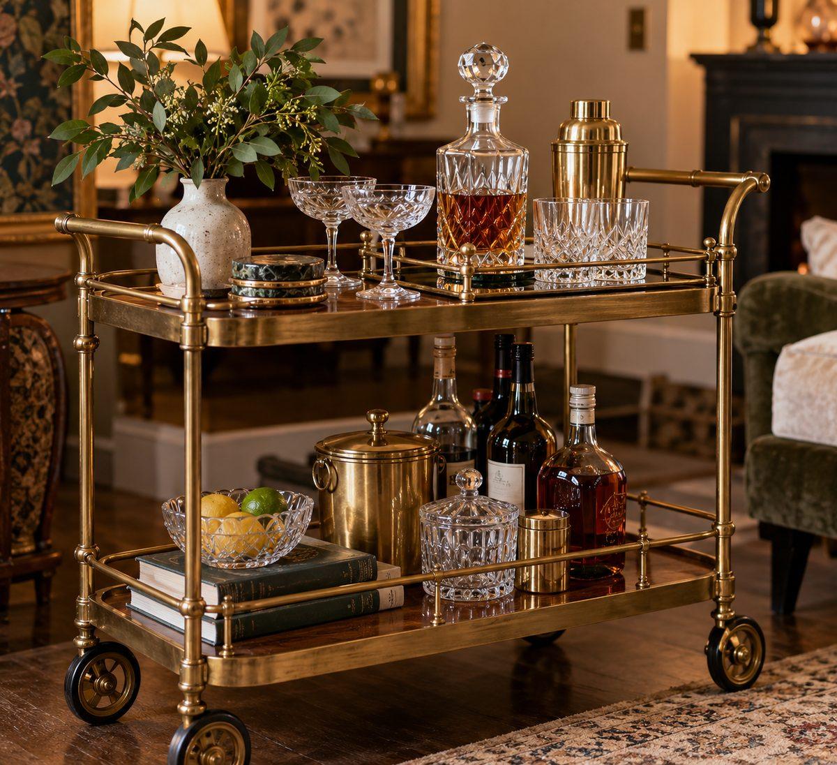 Antique brass bar cart styled with a small leafy green arrangement in a ceramic vase
