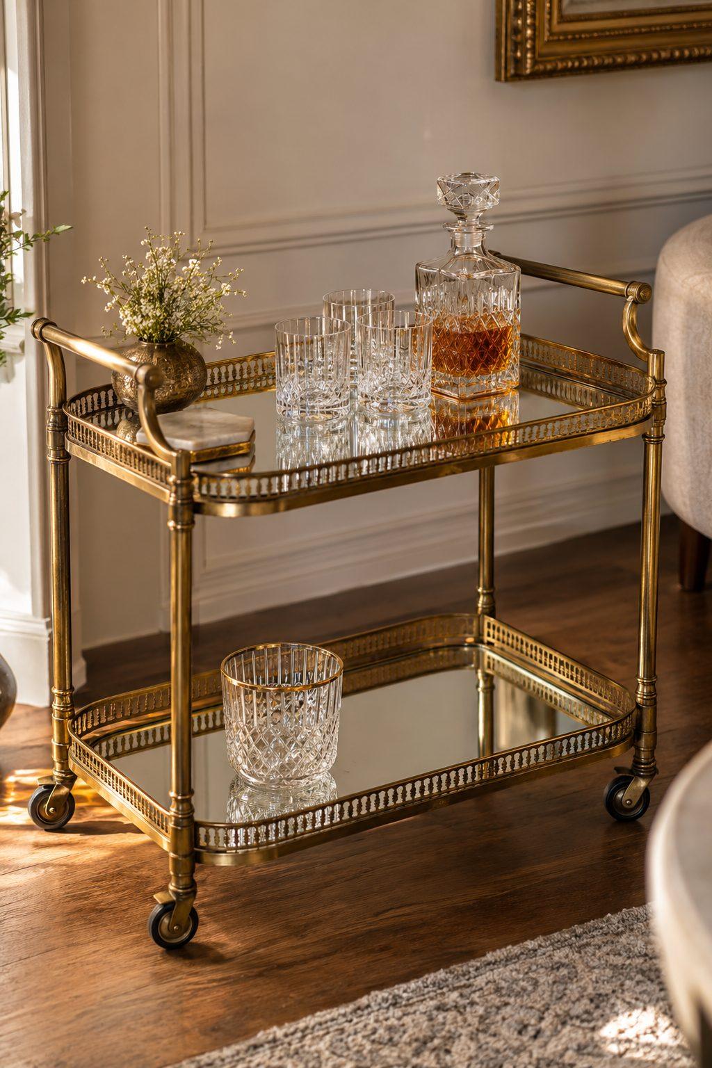 Mirrored antique bar cart with a minimal arrangement of clear glasses and one decanter