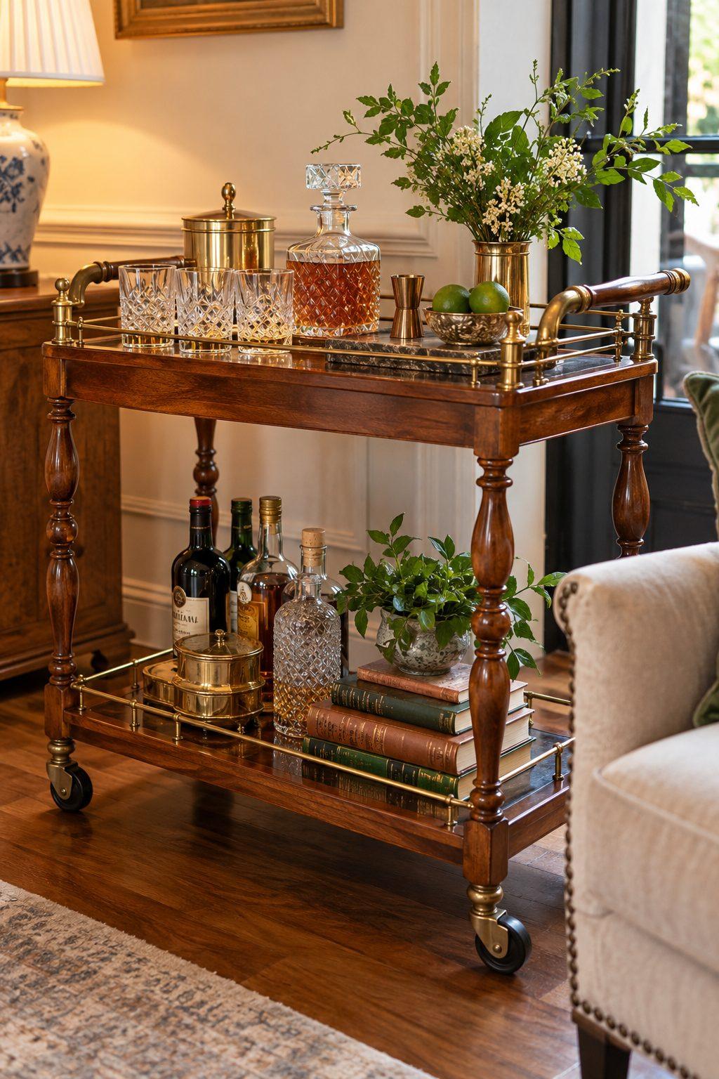 Two-tier antique wood bar cart with organized upper and lower shelves