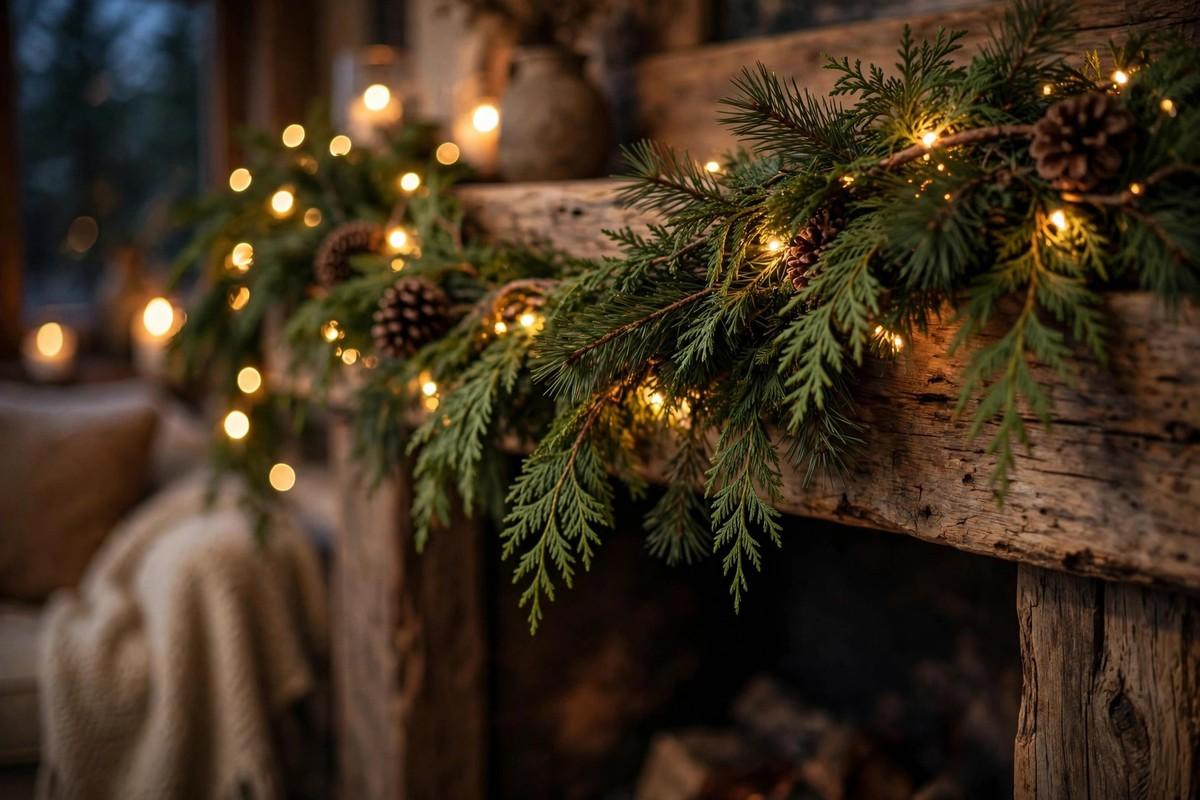 Cedar and pine garland with warm fairy lights draped over a rustic wooden mantel