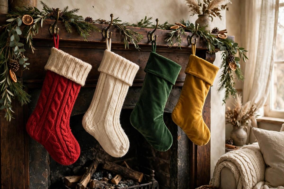 Mismatched knit and velvet Christmas stockings in red, cream, green and mustard hanging from a wooden mantel