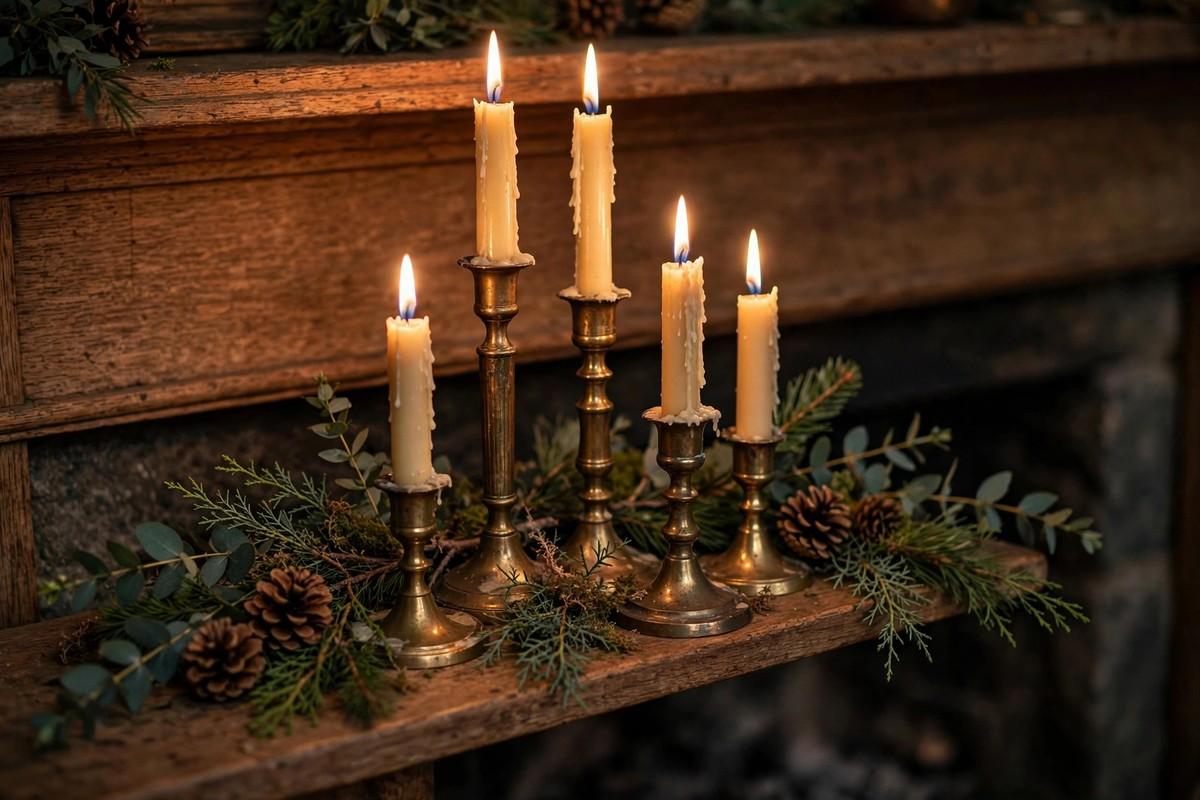 Cluster of lit brass candlesticks in varying heights on a wooden mantel with greenery and pinecones