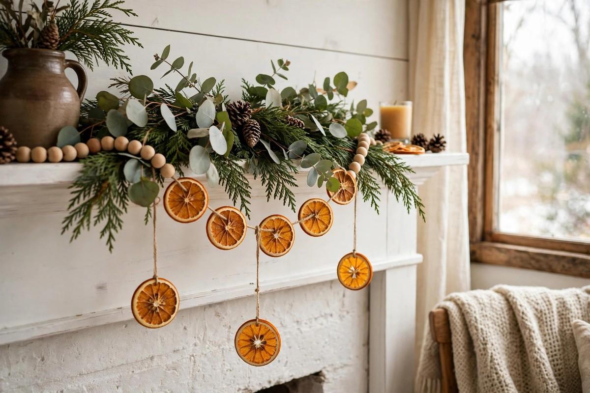 Eucalyptus and cedar swag with dried orange slices and wooden beads on a white mantel