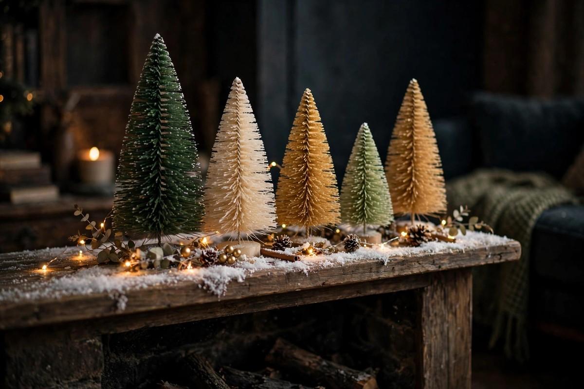 Collection of bottle-brush Christmas trees in green, cream and gold on a snow-dusted wooden mantel