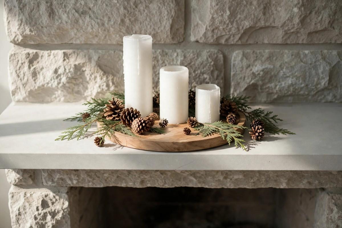 Three white pillar candles on a wooden tray with pinecones and cedar sprigs on a stone mantel