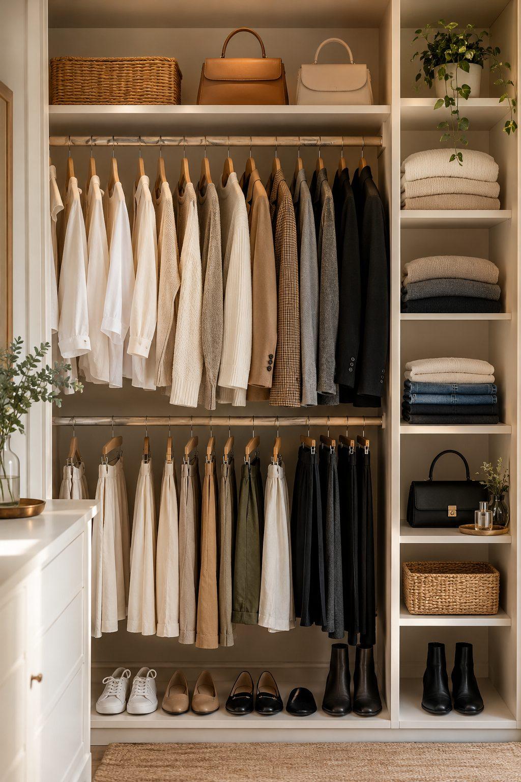 Minimalist neutral capsule wardrobe with tidy shelves and hangers