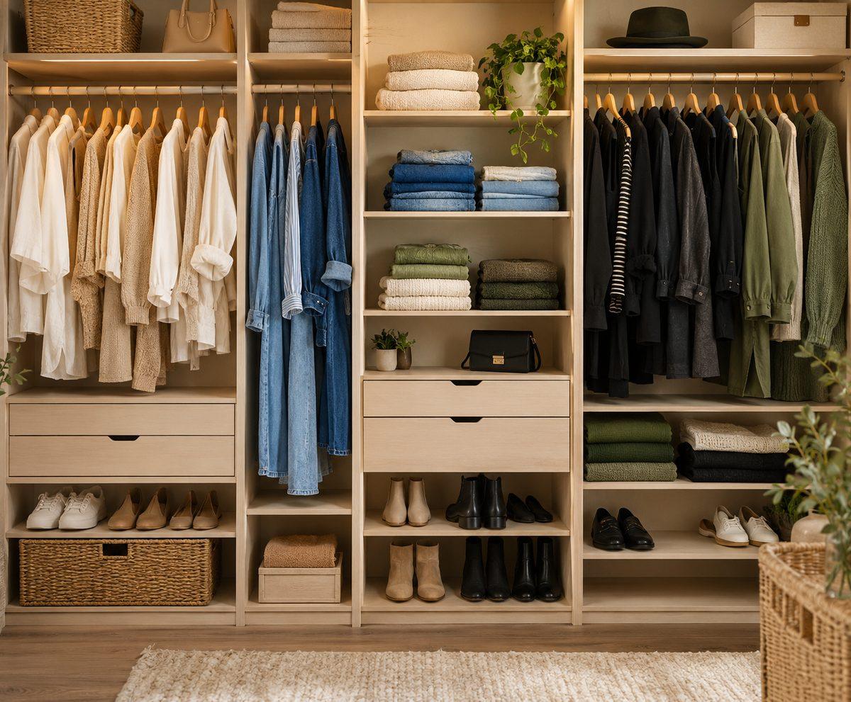Color-coordinated walk-in wardrobe with organized shelves and rail