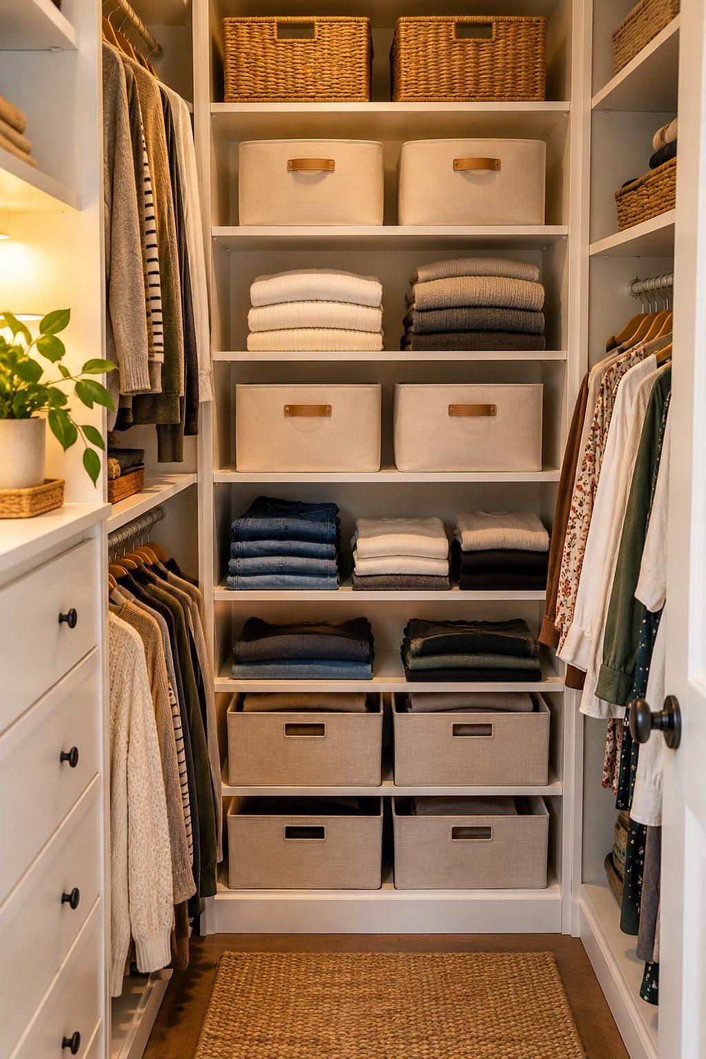 Compact closet with neutral storage bins and folded clothing