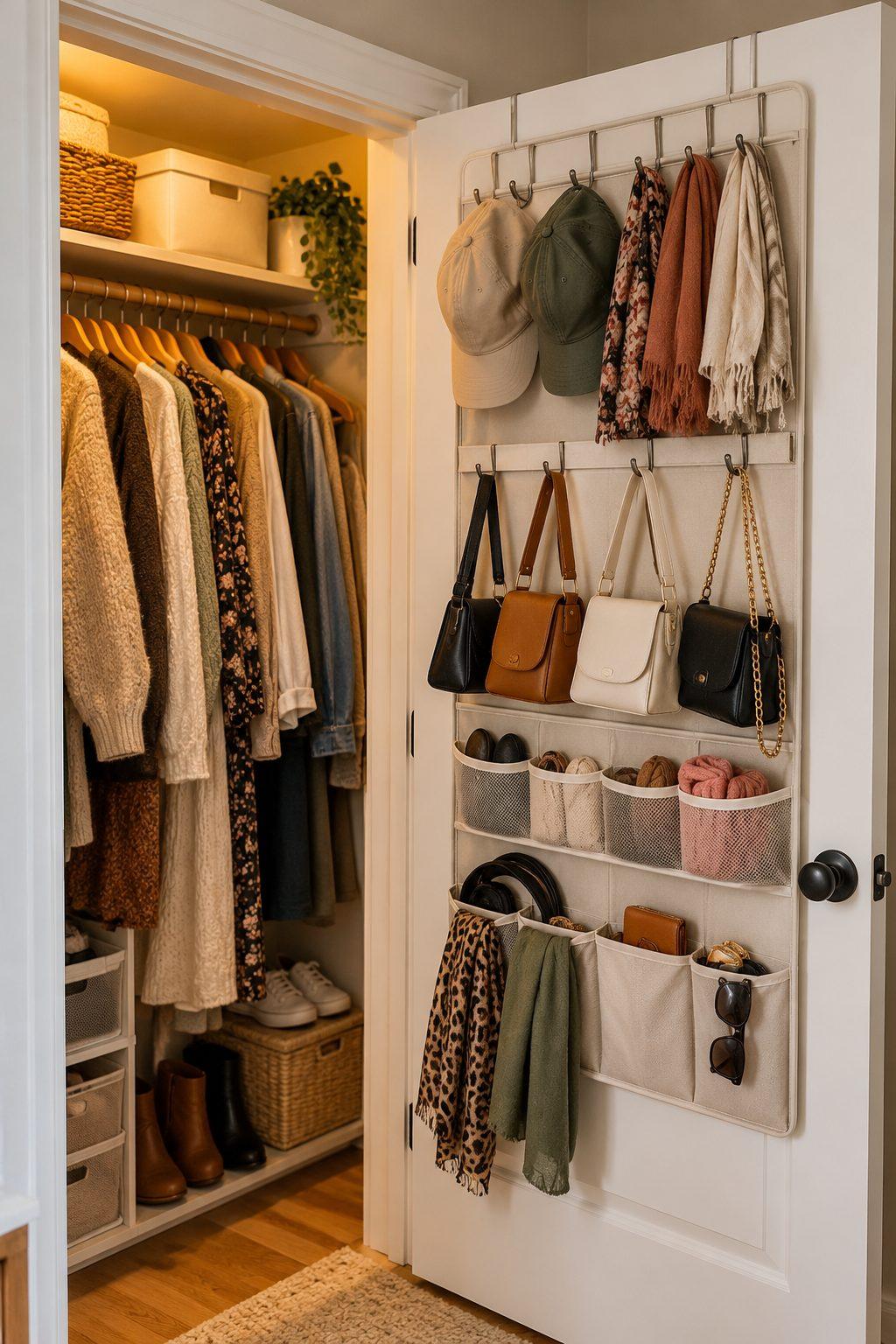 Over-door closet organizer holding scarves, handbags, caps and accessories