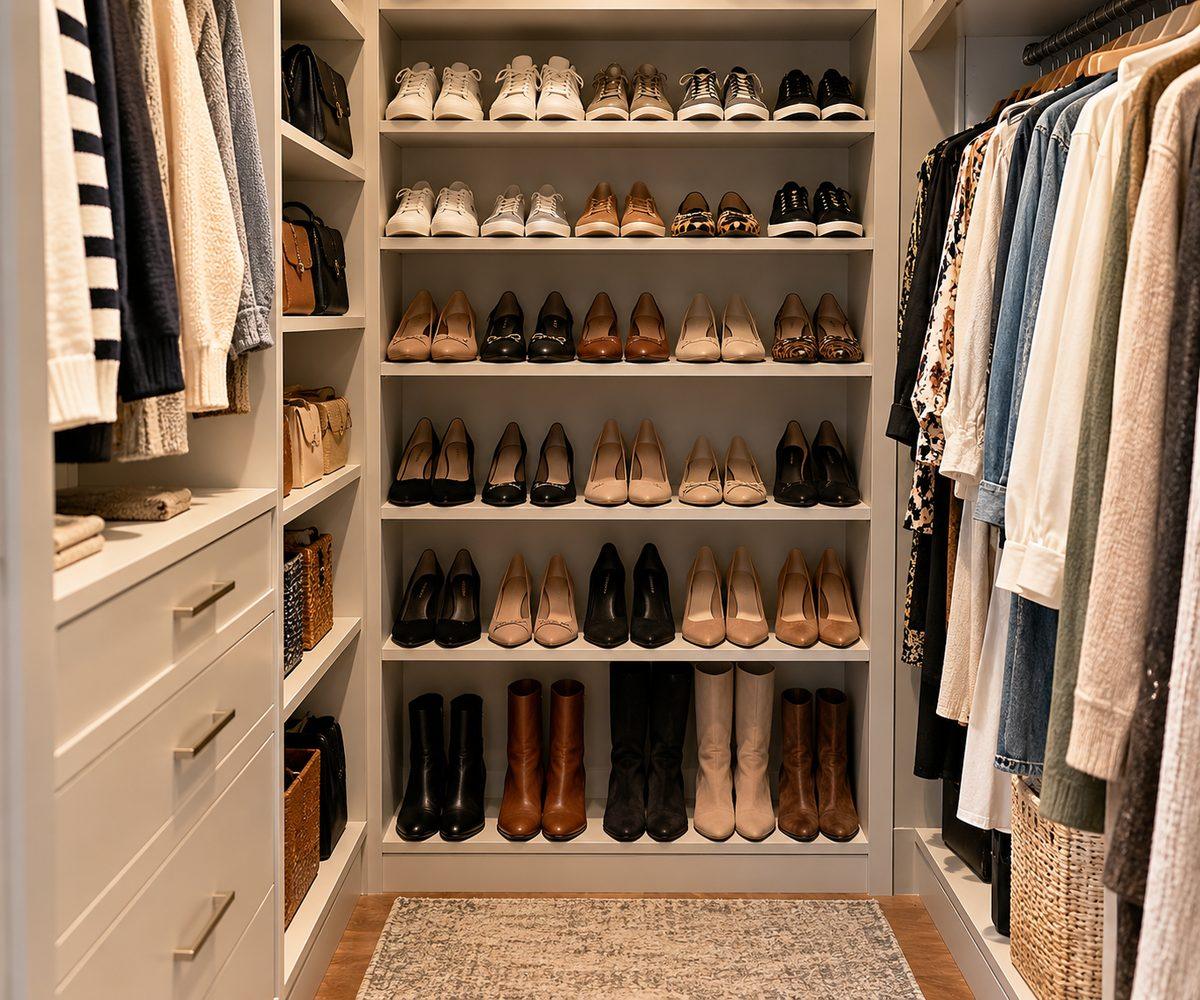 Organized closet shoe shelves with sneakers, flats, boots and heels