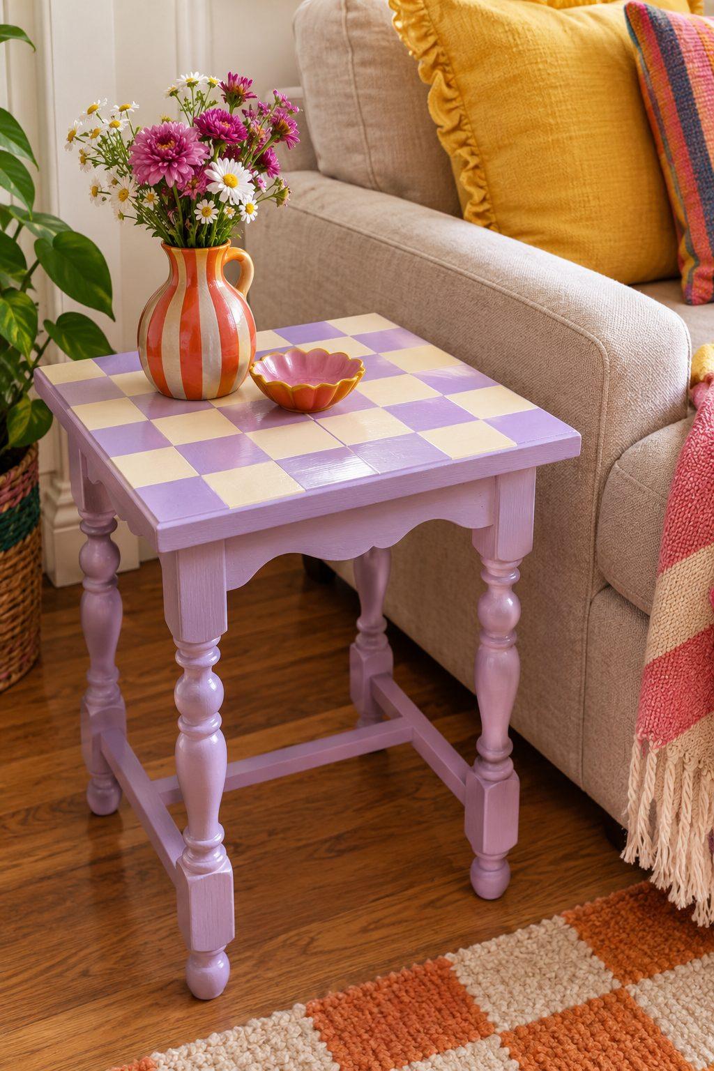 Wooden side table with hand-painted lilac and cream checkerboard top