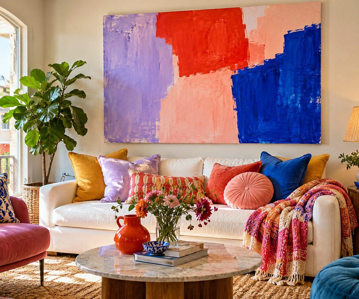 Handmade abstract canvas with lilac, tomato red, peach and cobalt blue color blocks
