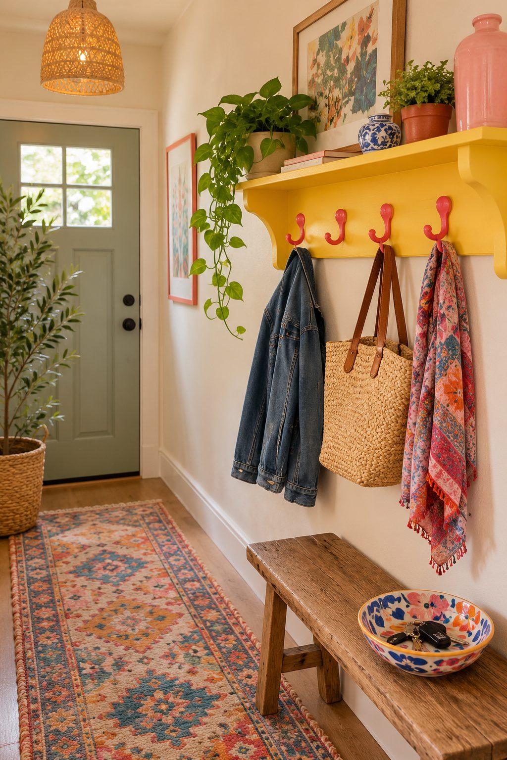 Cheerful small entryway with painted yellow shelf, coral hooks and patterned runner