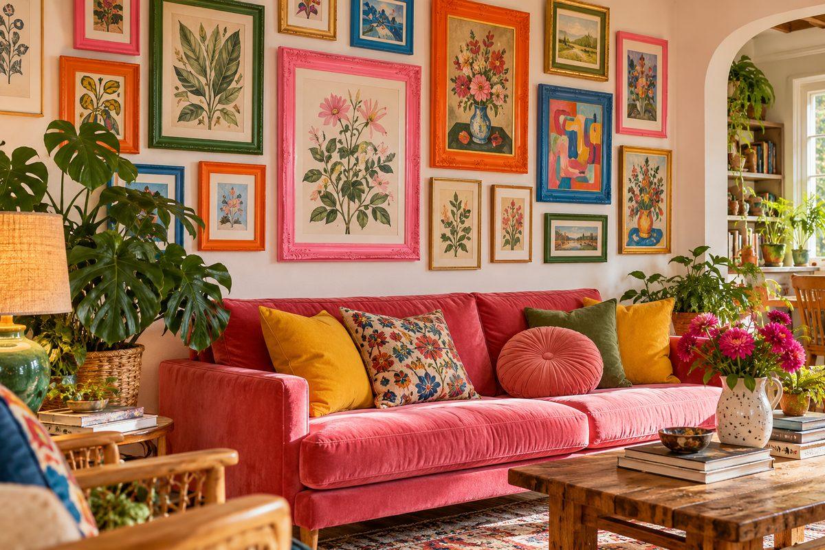 Eclectic gallery wall of secondhand frames painted pink, orange, blue and green