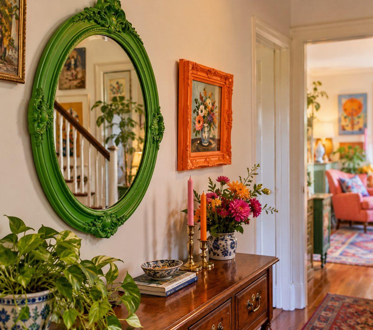 Vintage oval mirror with bright green painted frame beside an orange picture frame