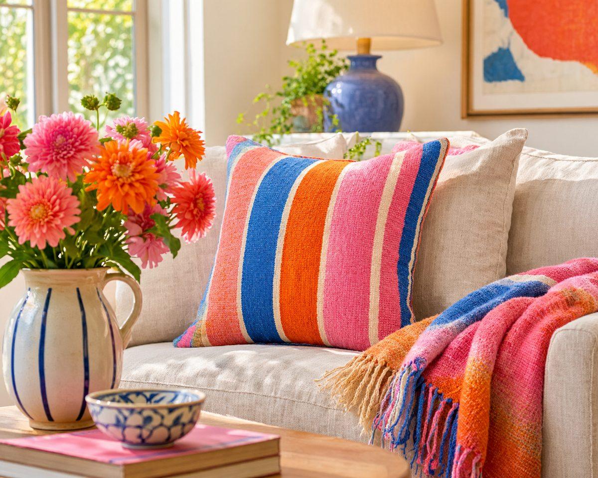 Neutral sofa with handmade striped cushion in pink, orange and blue