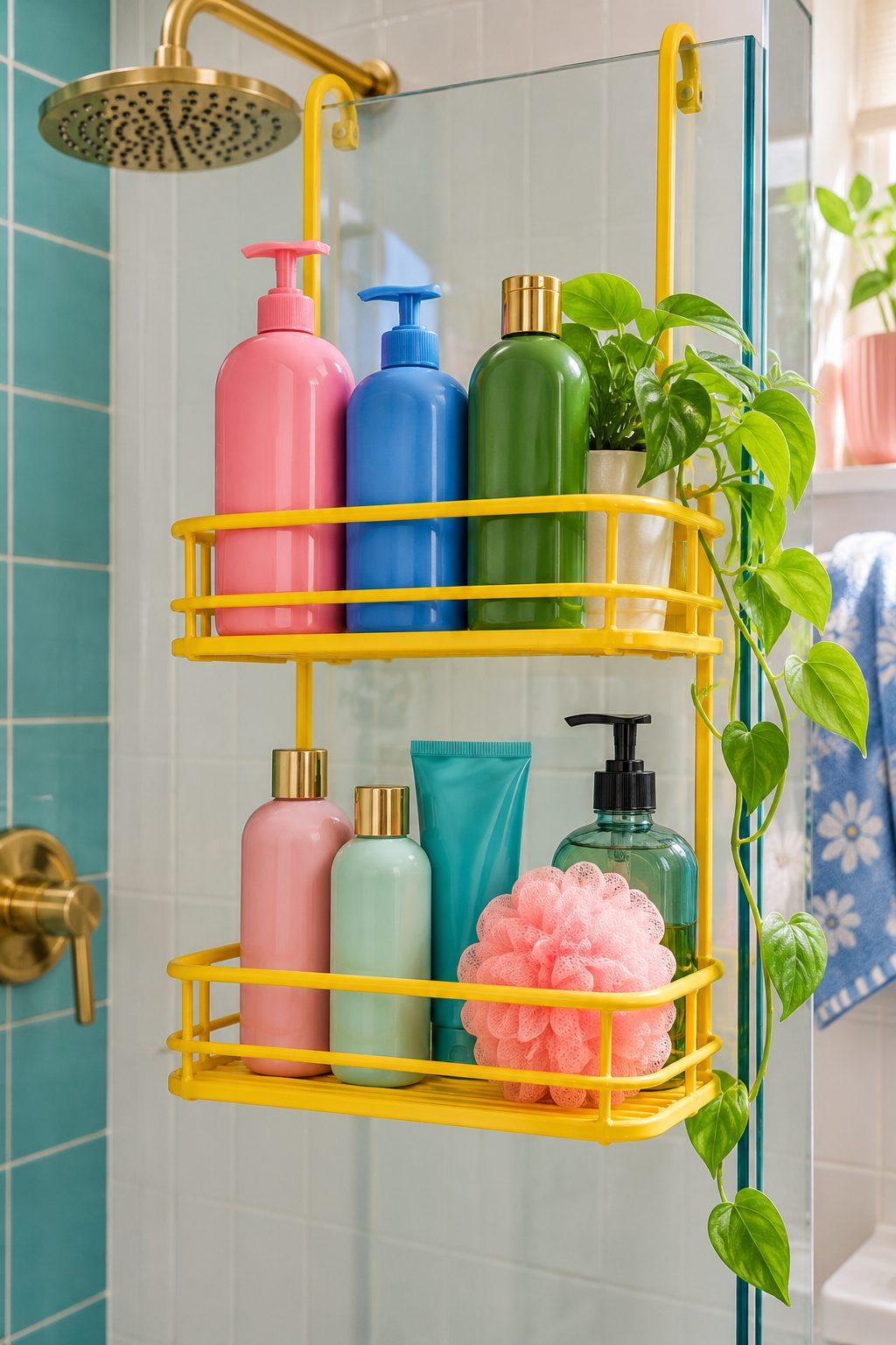 Bright yellow shower caddy holding neatly arranged colorful shampoo bottles