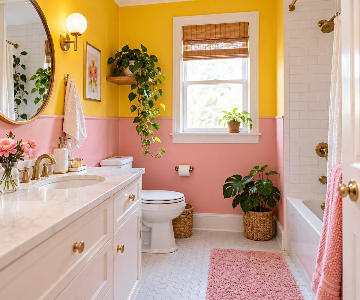 Bathroom with a pale pink lower wall, sunny yellow accent section and white fixtures