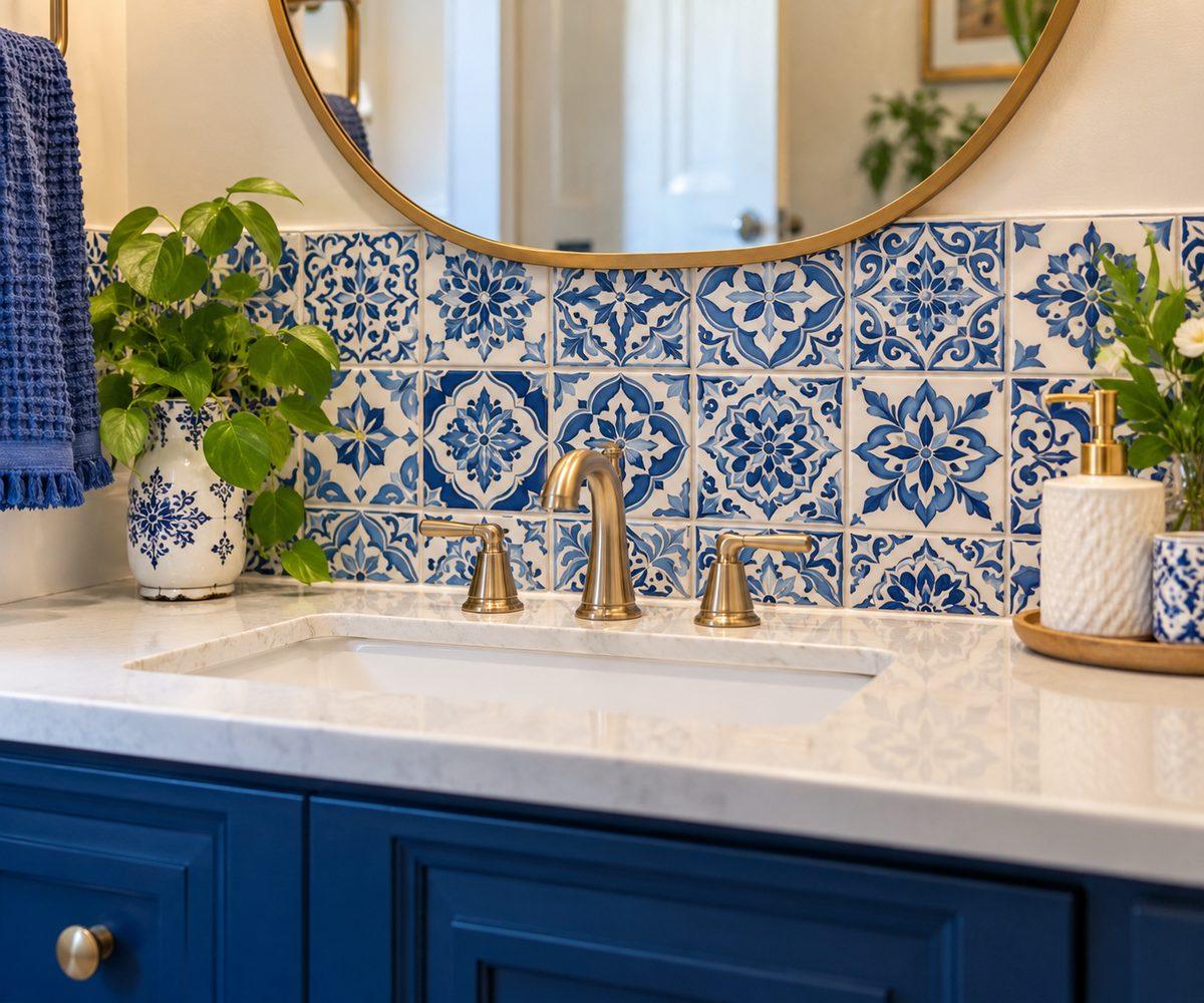 Small bathroom backsplash with colorful blue-and-white patterned peel-and-stick tile