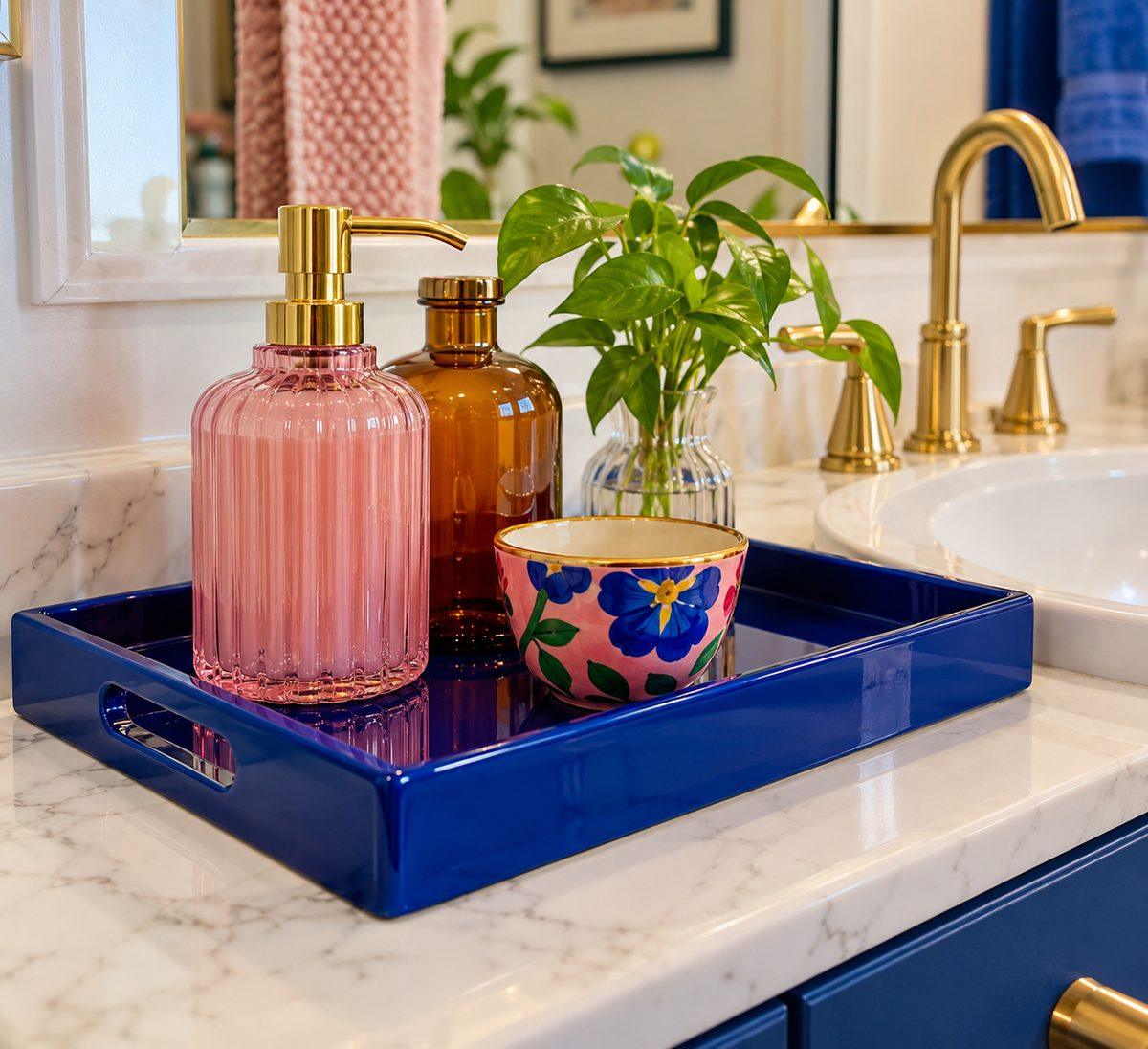 Glossy cobalt-blue tray holding a pink soap dispenser, amber bottle and colorful cup