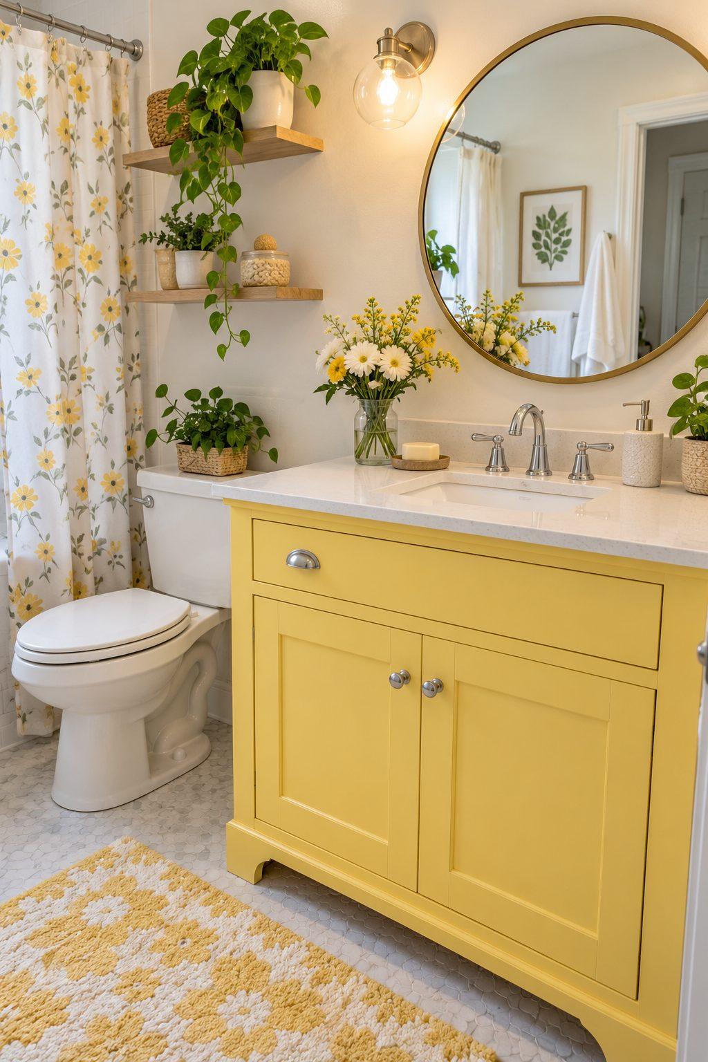 Small bathroom with a butter-yellow painted vanity, chrome hardware and round mirror