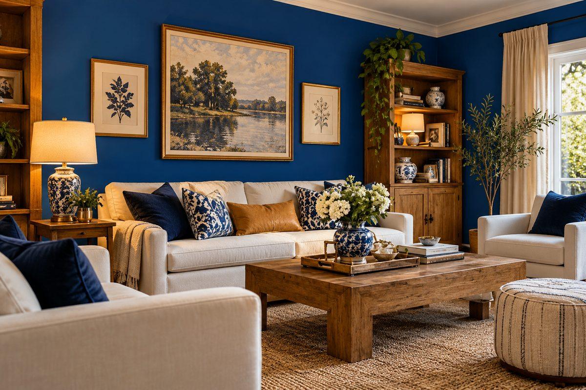 Living room with a cobalt-blue accent wall, colorful cushions and bright rug