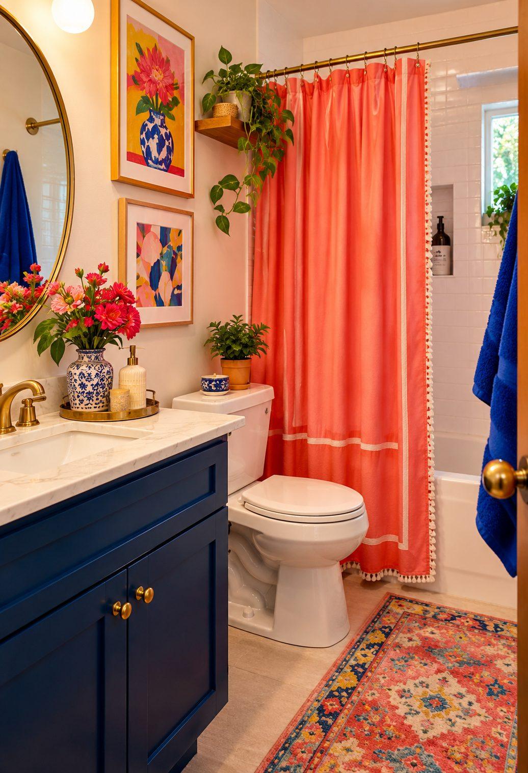 Compact bathroom with coral shower curtain and cheerful patterned tile