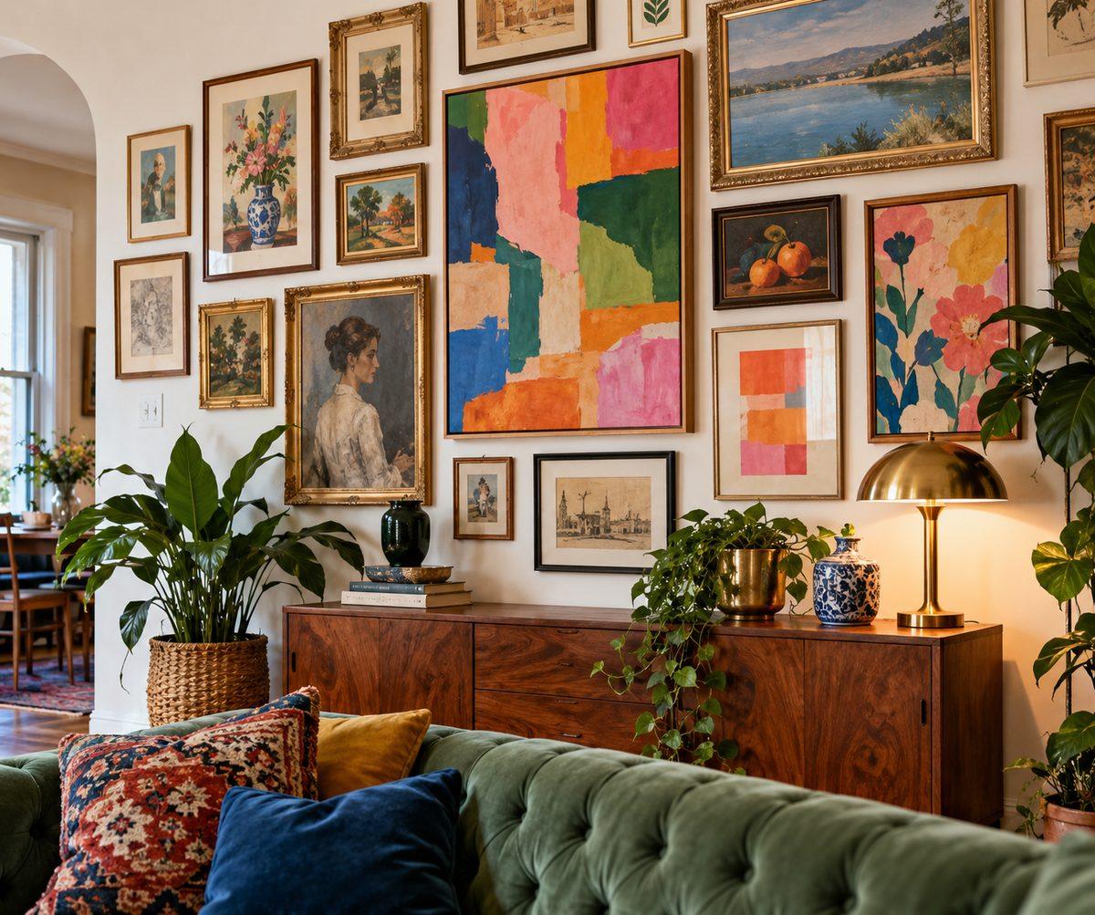 Eclectic gallery wall with colorful framed prints in warm daylight