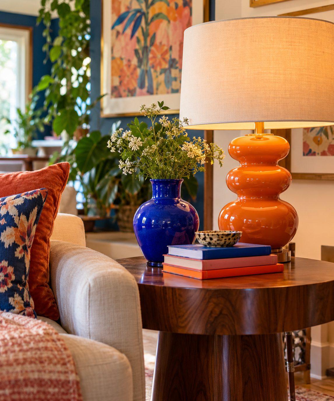 Warm colorful living-room corner with a sculptural orange table lamp and blue vase