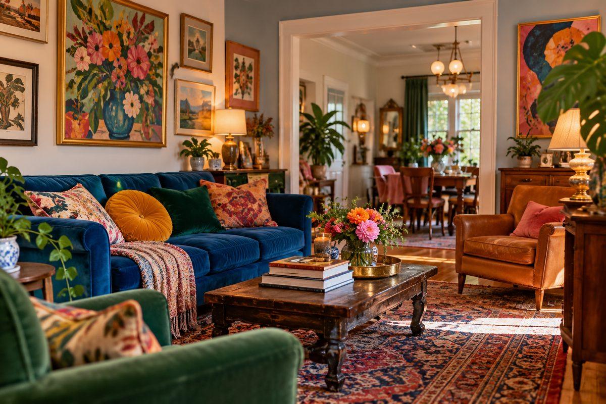 Lived-in colorful living room with layered textiles and vibrant accents