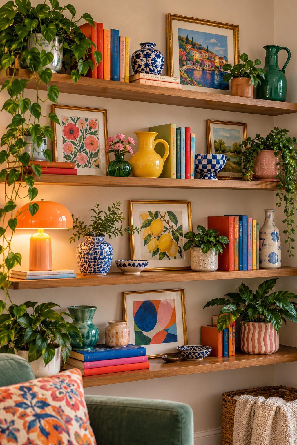 Open wooden shelves styled with colorful books, plants and art objects