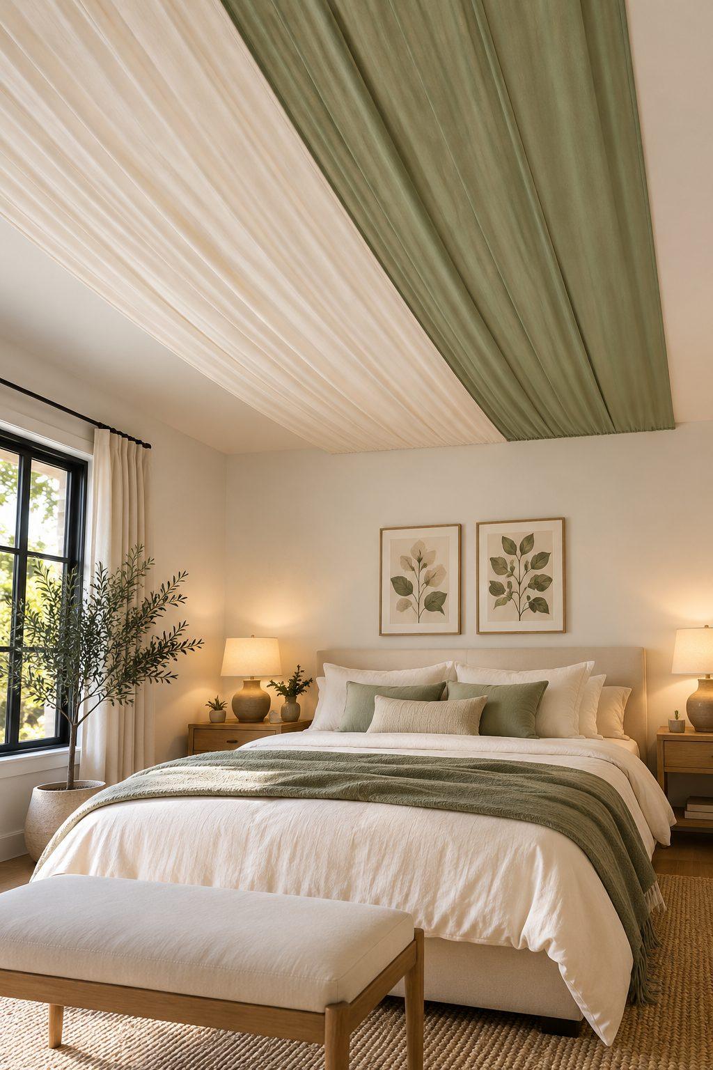 Ivory and sage-green fabric bands running parallel across a modern bedroom ceiling